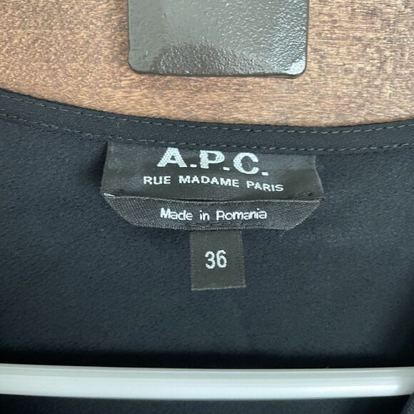 APC dress Womens 36 Black Mathilda Tie Crepe Viscose Vneck Pleats Classic - Picture 9 of 13